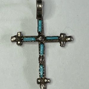 Blue Turquoise Petit Point Sterling Silver Vintage Cross Pendant